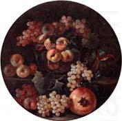 A still life of peaches and plums in a glass bowl,grapes,a melon and a pomegranate, unknow artist